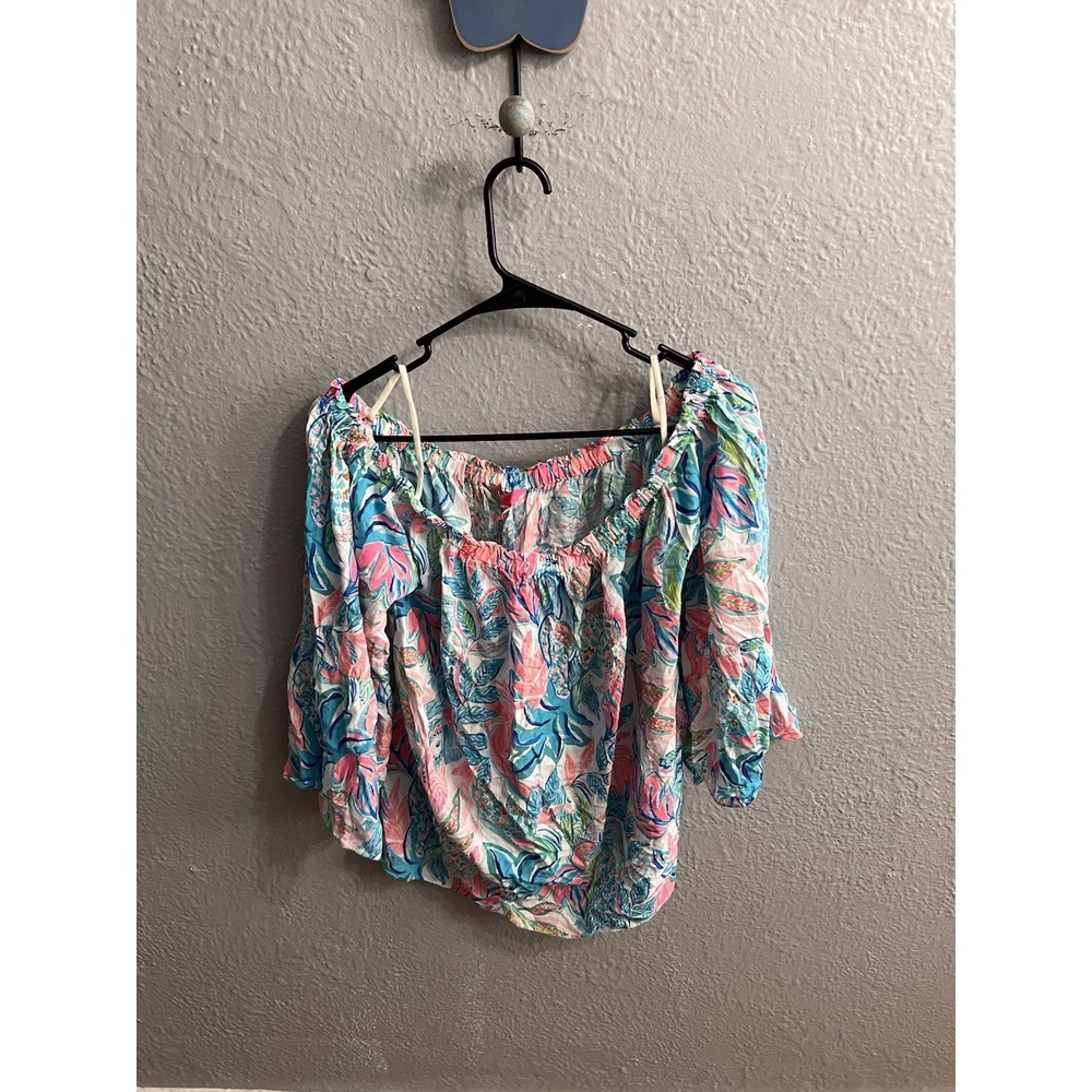 Lilly Pulitzer Women Off Shoulder Flowy Top Tropical 3/4 Bell Sleeve‎ Size Large
